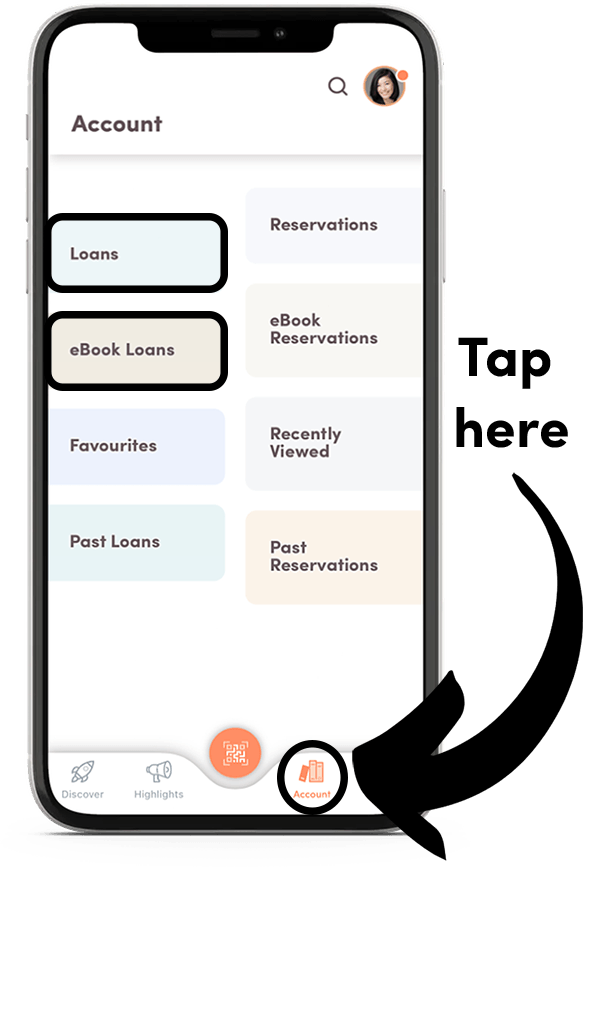 A tutorial screenshot for the app, showing the Account screen, where you can check due dates, view loan details and read eBooks.