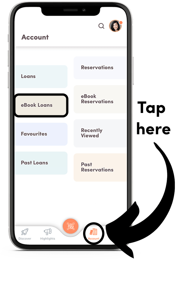 A screenshot from the app, showing the Account tab, where one would find the 'eBook Loans' button.