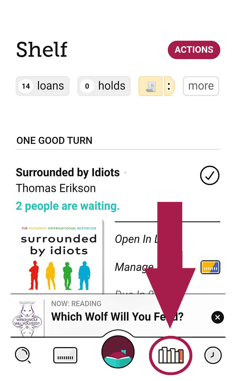 A screenshot of the Libby app, showing where the Shelf button is.